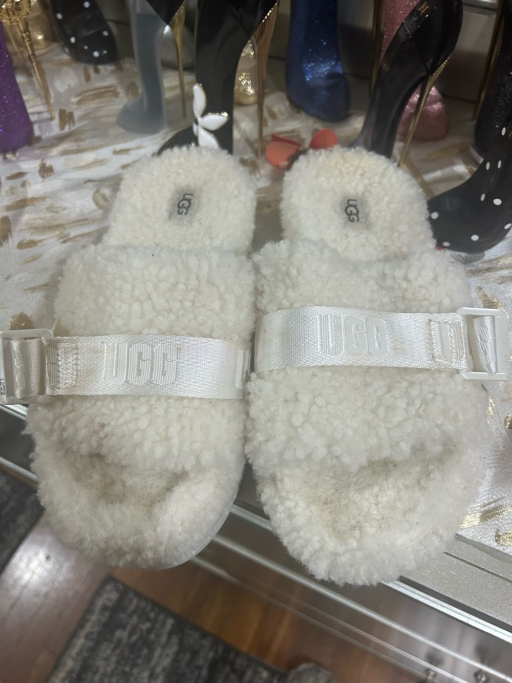 UGG White Shearling Slide Sandals with Branded Strap